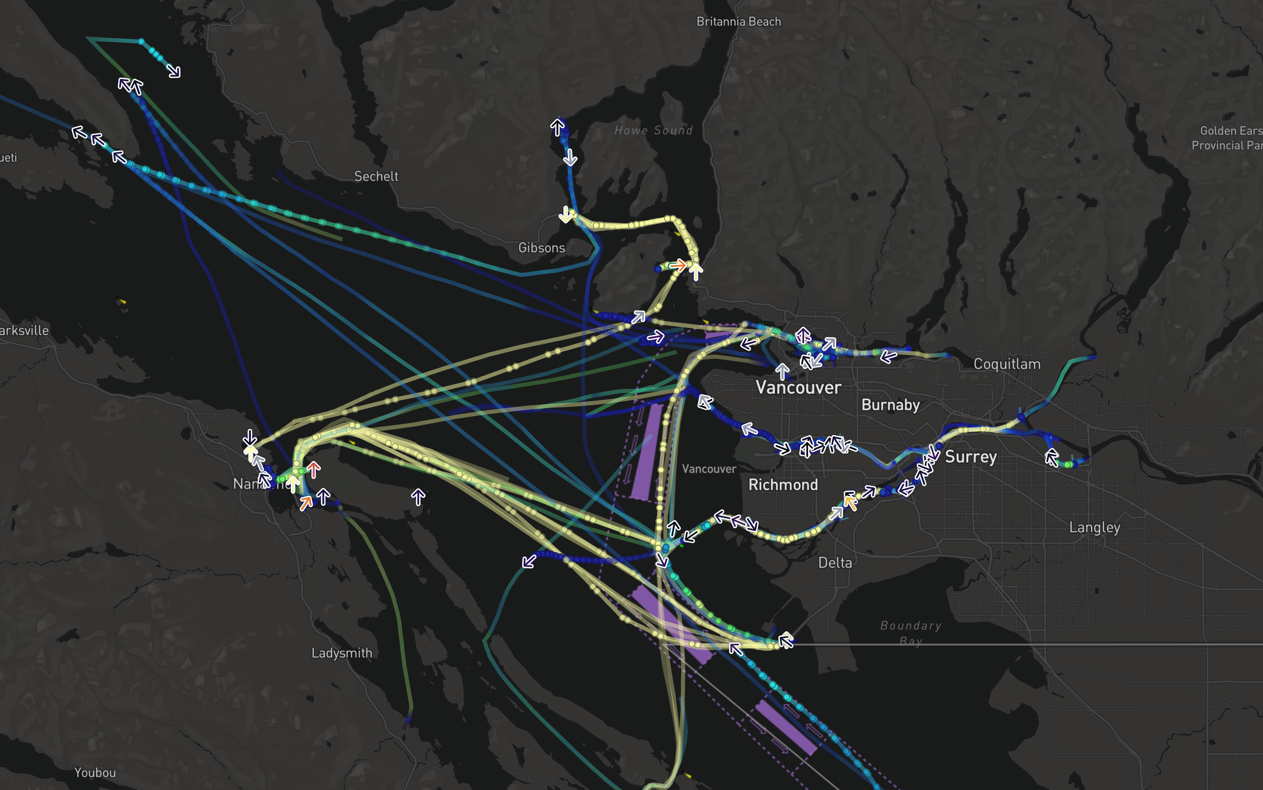 Track geometries example showing a track line, breadcrumbs, and icon at the current position for vessel objects moving near the City of Vancouver.