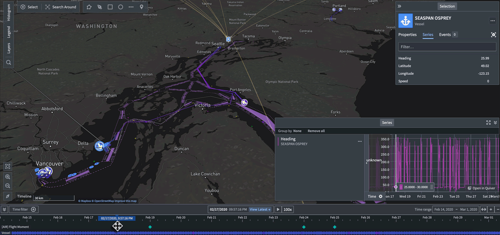 An example map showing the icon colors of a weather station changing as the selected time is changed in the timeline.