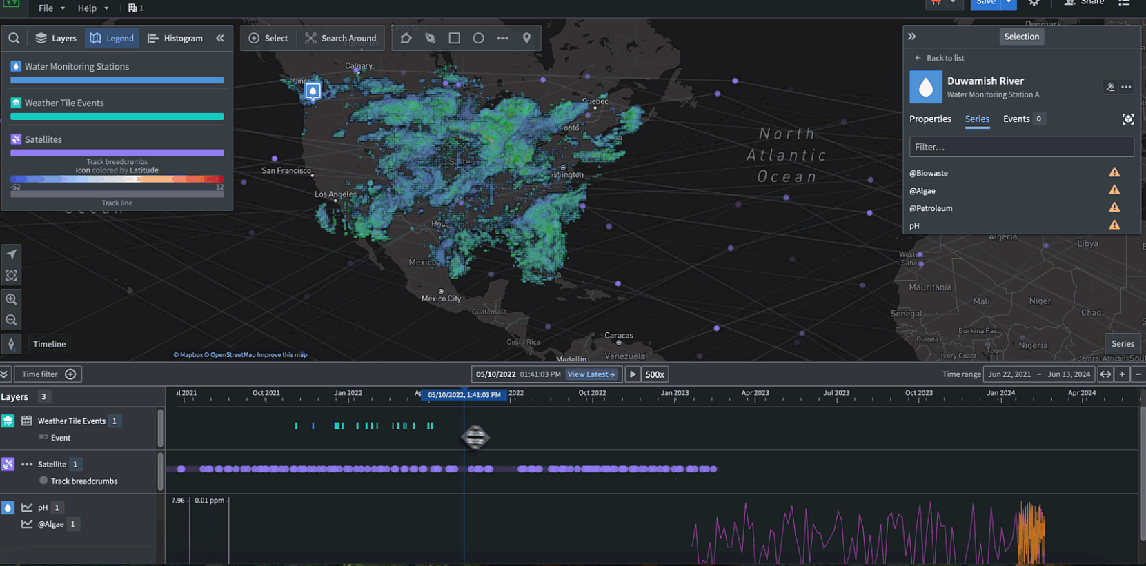 A .gif of the maps application that shows the timeline displaying events, track breadcrumbs and series.