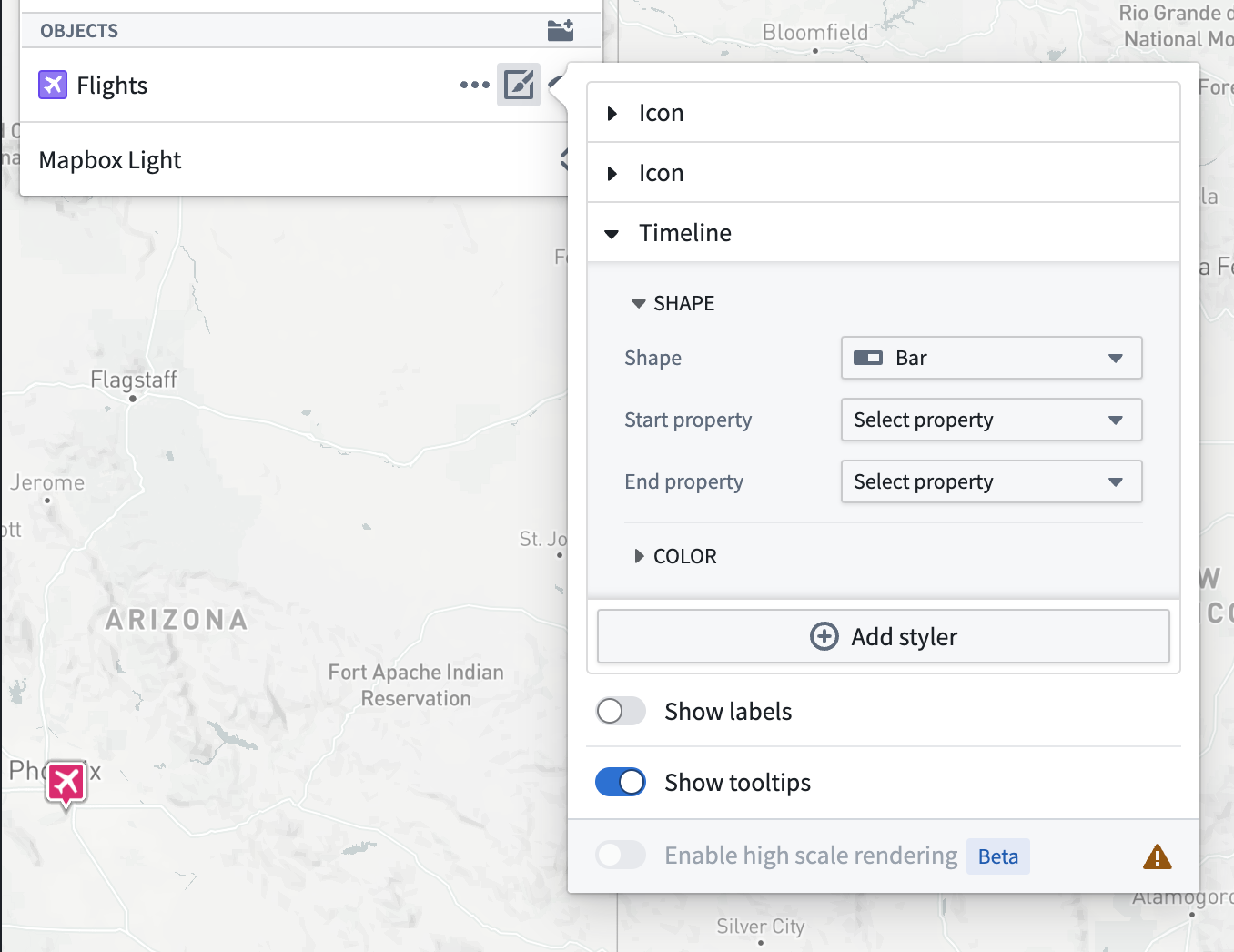 The Timeline style configuration section for the Flights object. The shape is set to Bar, and there are options to select a start property and end property.