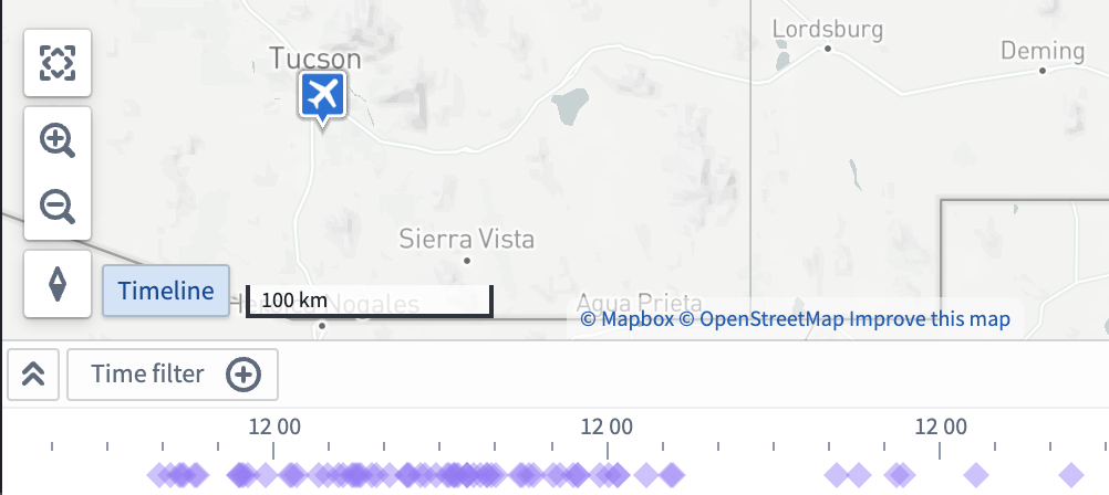 The Flights object type, represented as diamonds on the map timeline.