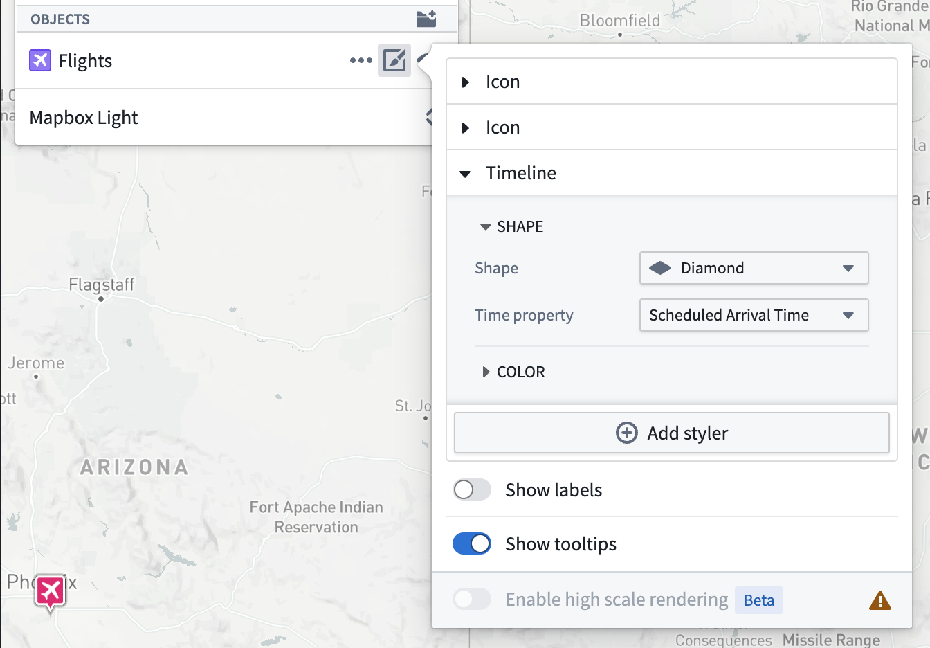 The Timeline style configuration section for the Flights object. The shape is set to Diamond, and there is an option to select a time property. 