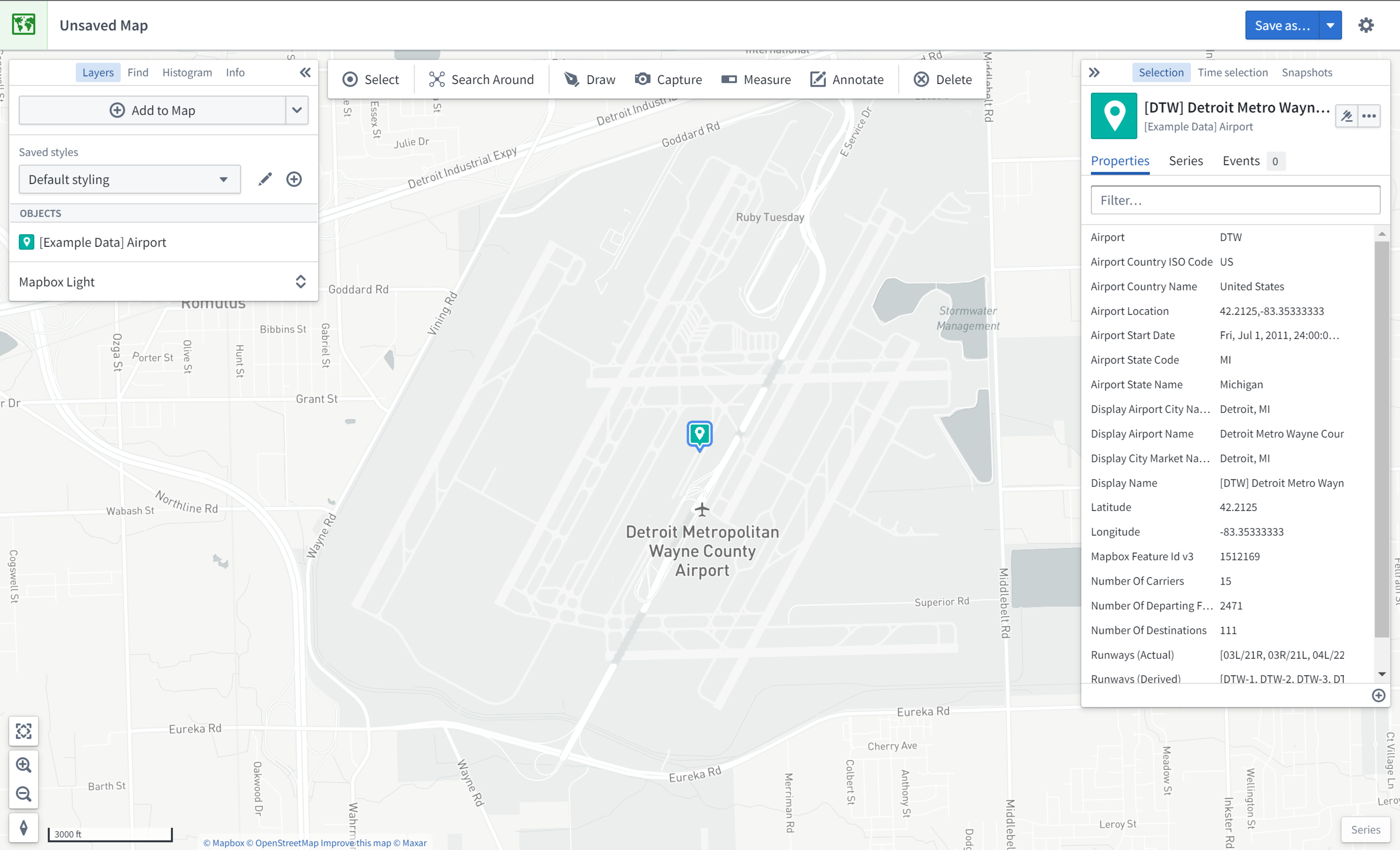 Map with Detroit Metro Airport