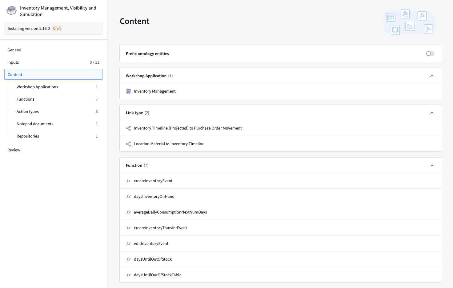 A view of the Content page for the Inventory Management Workflow product installation.