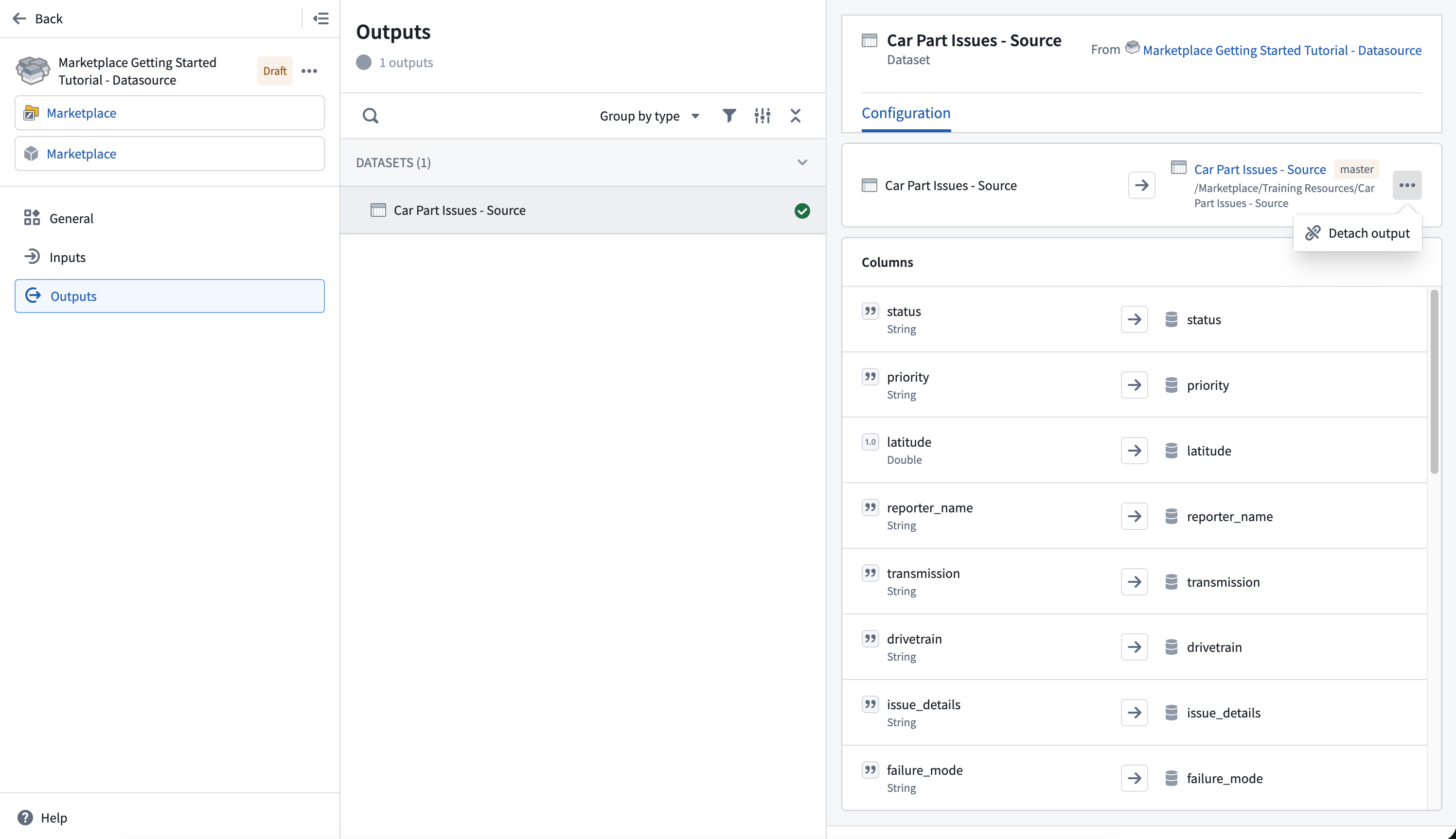 Screenshot showing the detach option in an installation draft.