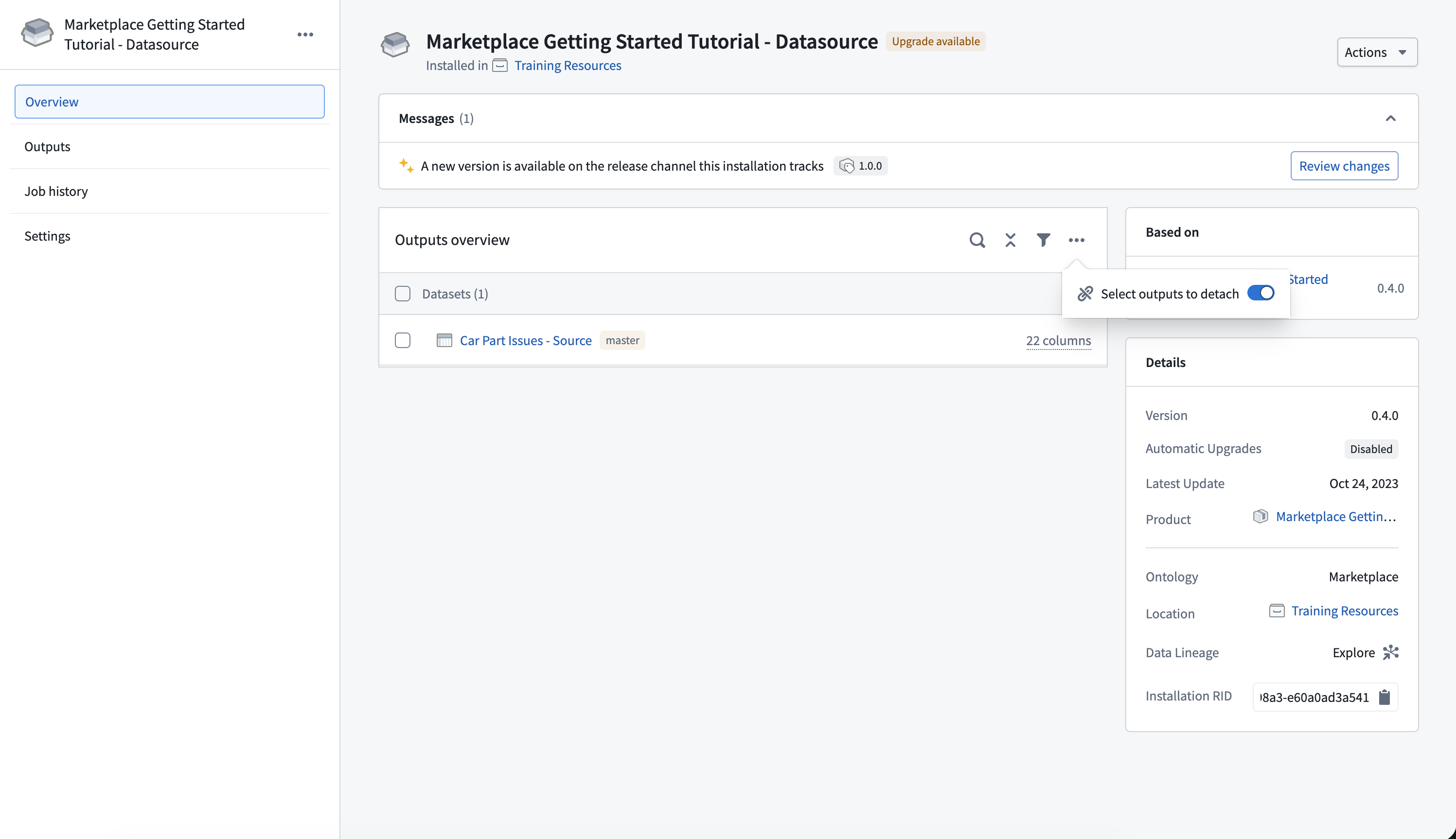 Screenshot showing the detach option in the installation page.