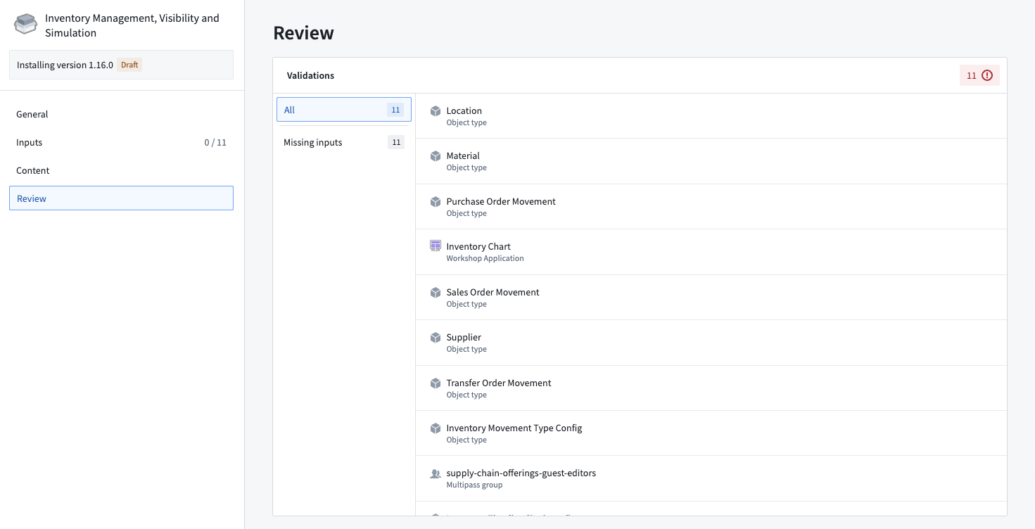 The Review page of the Inventory Management Workflow product, showing multiple failures caused by missing inputs in datasets.