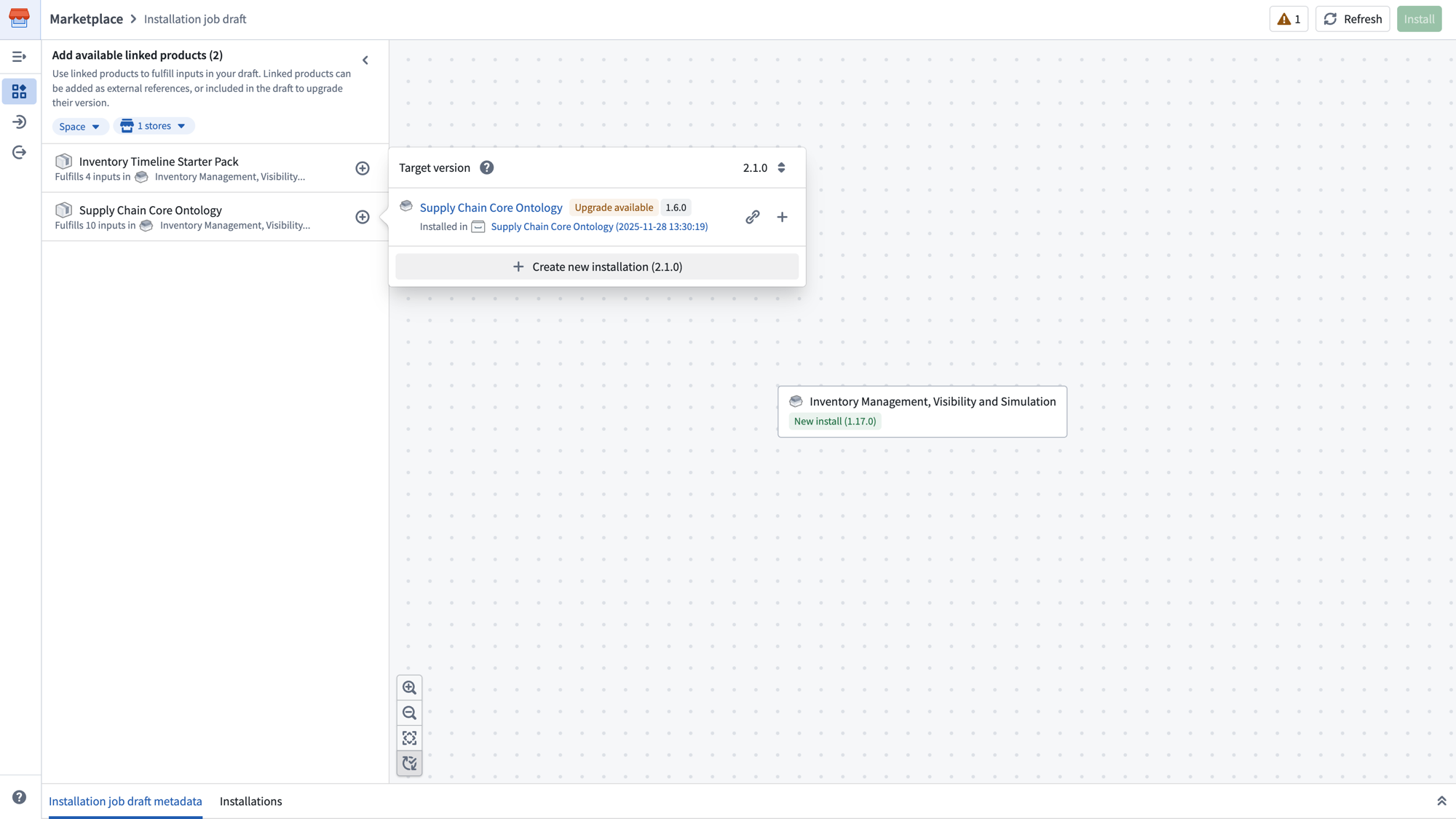 A linked product popover showing an existing installation with an upgrade available and the option to create a new installation.
