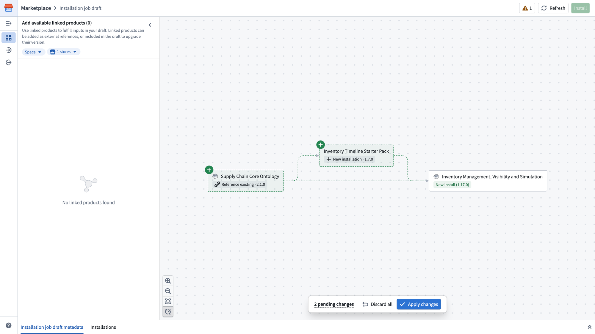 The dependency graph showing pending linked product additions with an Apply changes button.