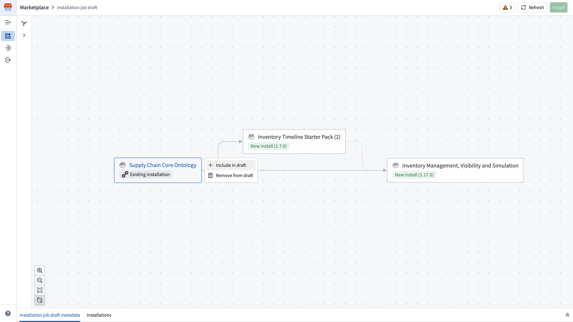 Context menu on a linked product node showing Include in draft and Remove from draft options.