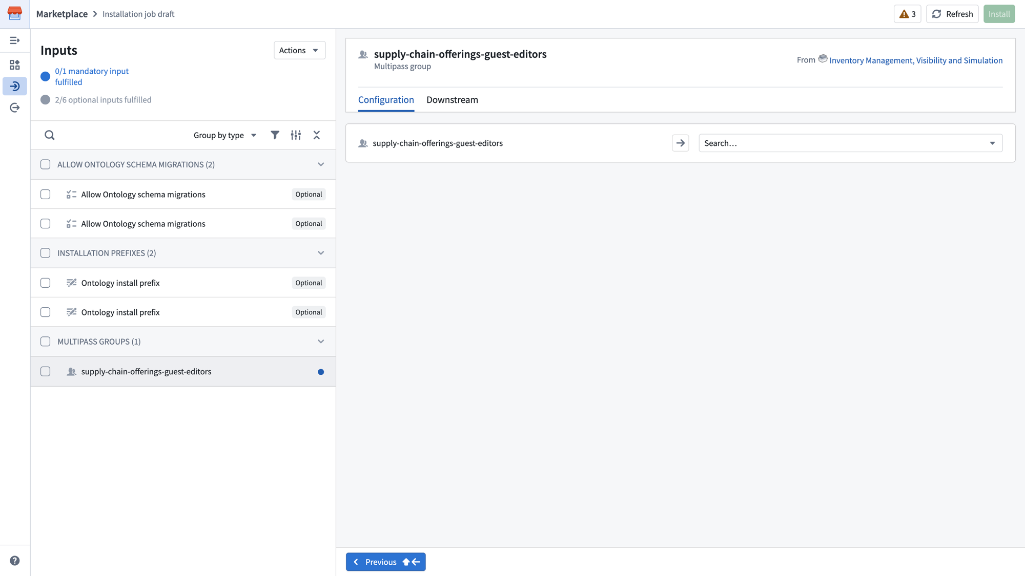 The Inputs page showing a mandatory Multipass group input with the Configuration tab.