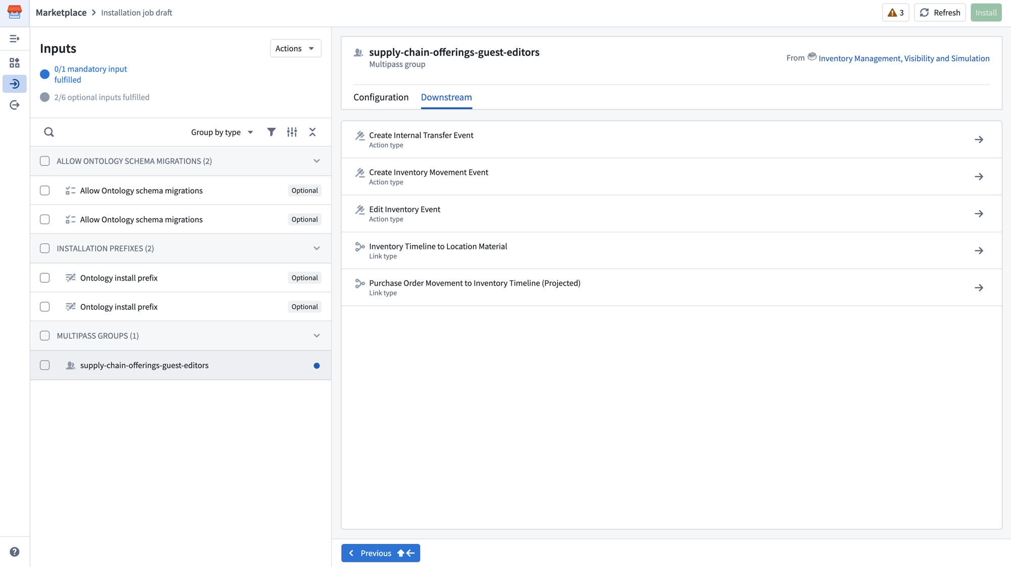 The Inputs page showing the Downstream tab with dependent action types and link types.