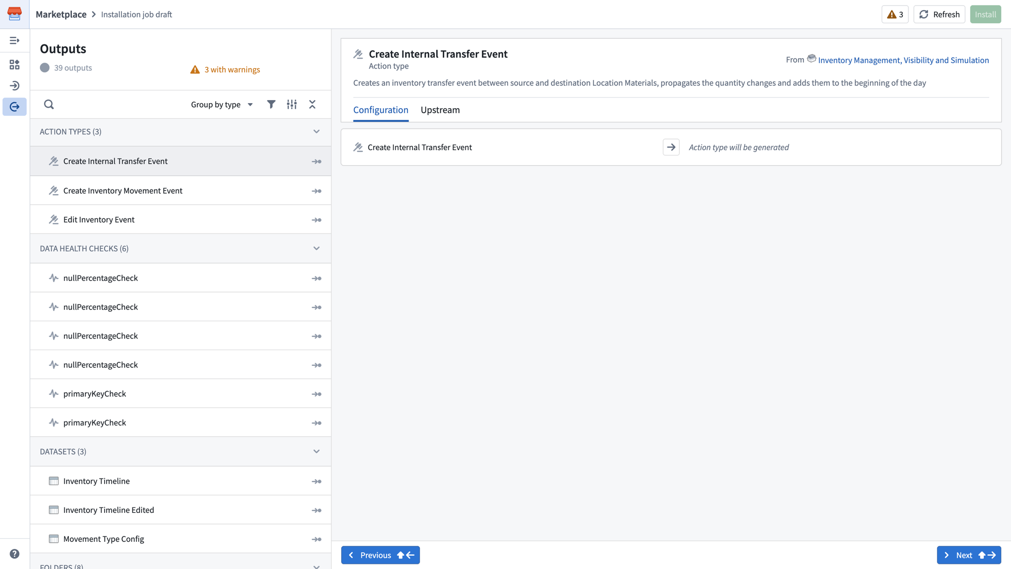 The Outputs page showing all resources that will be installed, grouped by type.