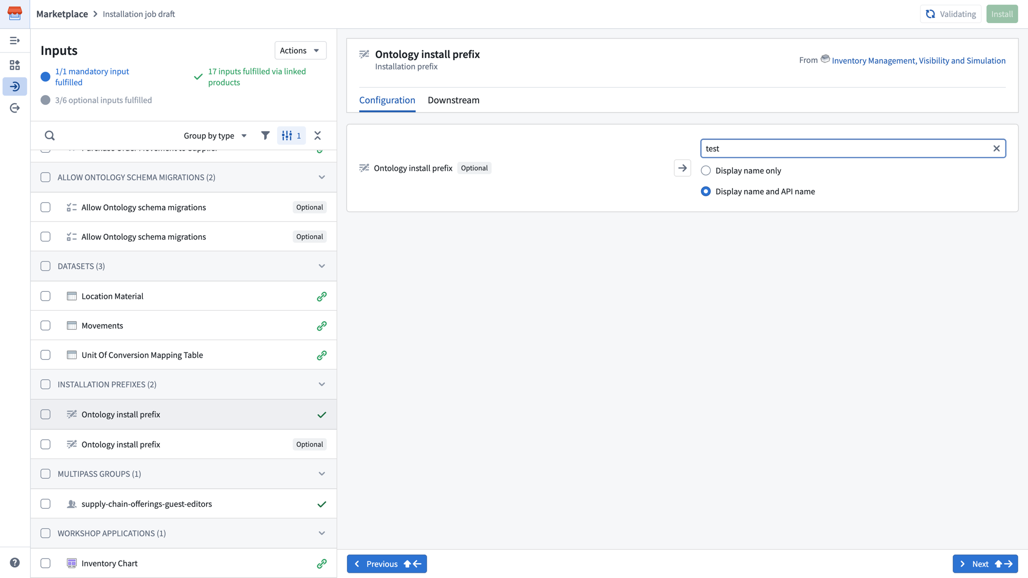 The Ontology install prefix input configuration showing prefix options.
