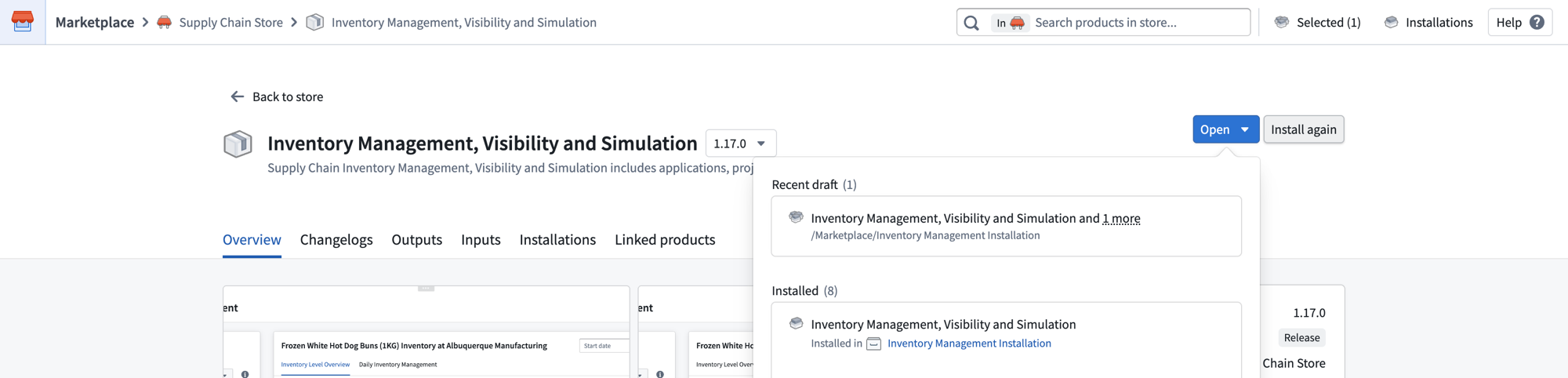 A product detail page showing the Open and Install again buttons, with a dropdown listing recent drafts and existing installations.