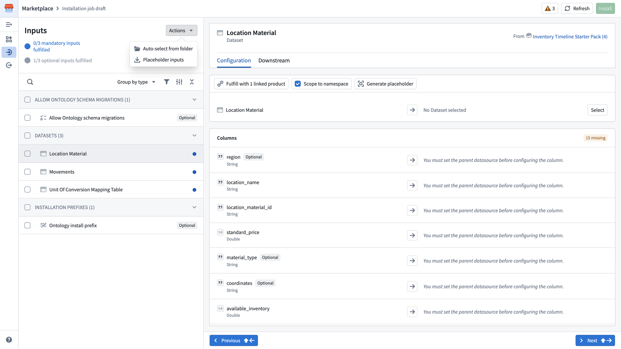 The Actions menu showing Auto-select from folder and Placeholder inputs options.