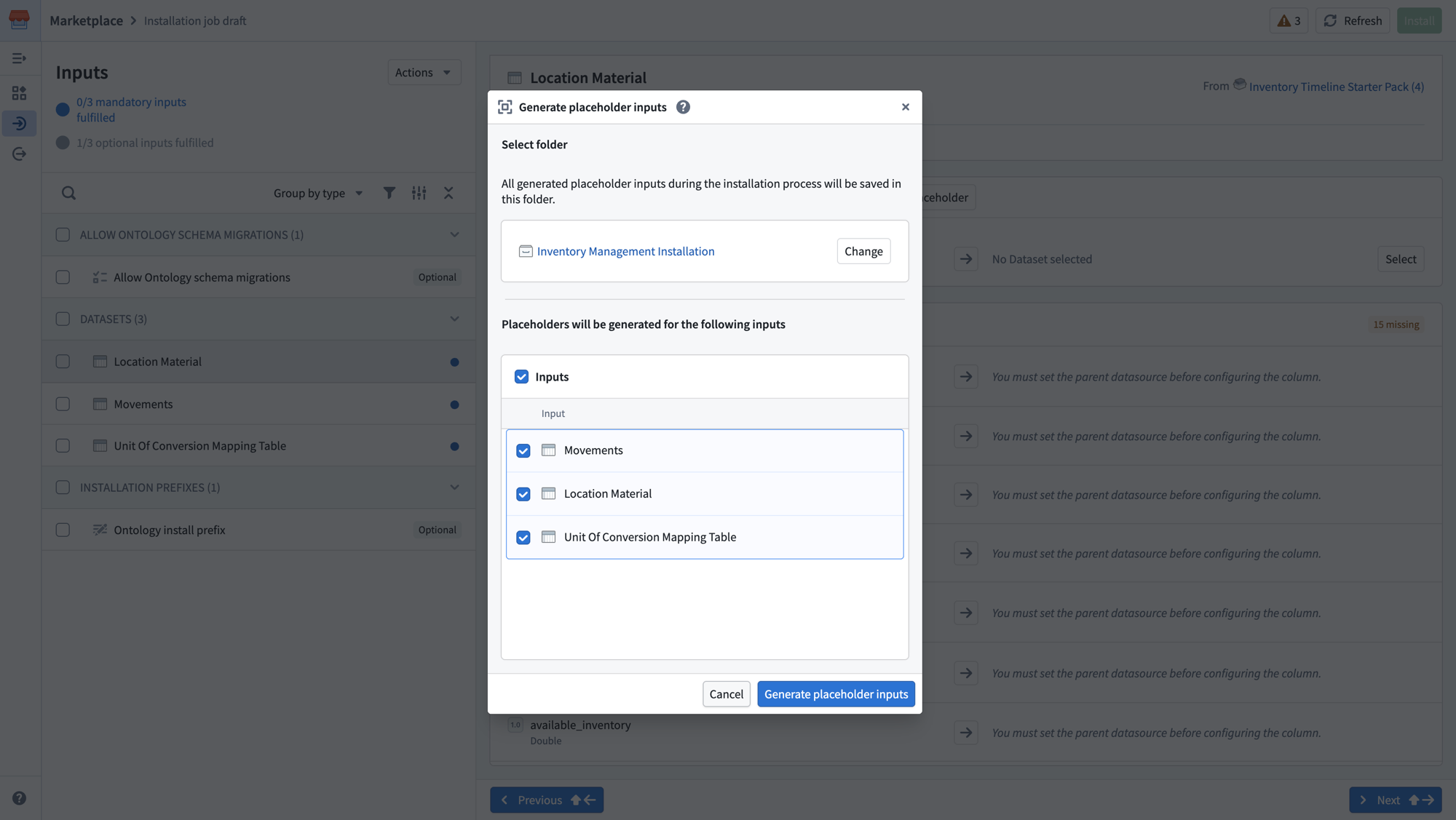 The Generate placeholder inputs dialog showing folder selection and a list of inputs to generate placeholders for.