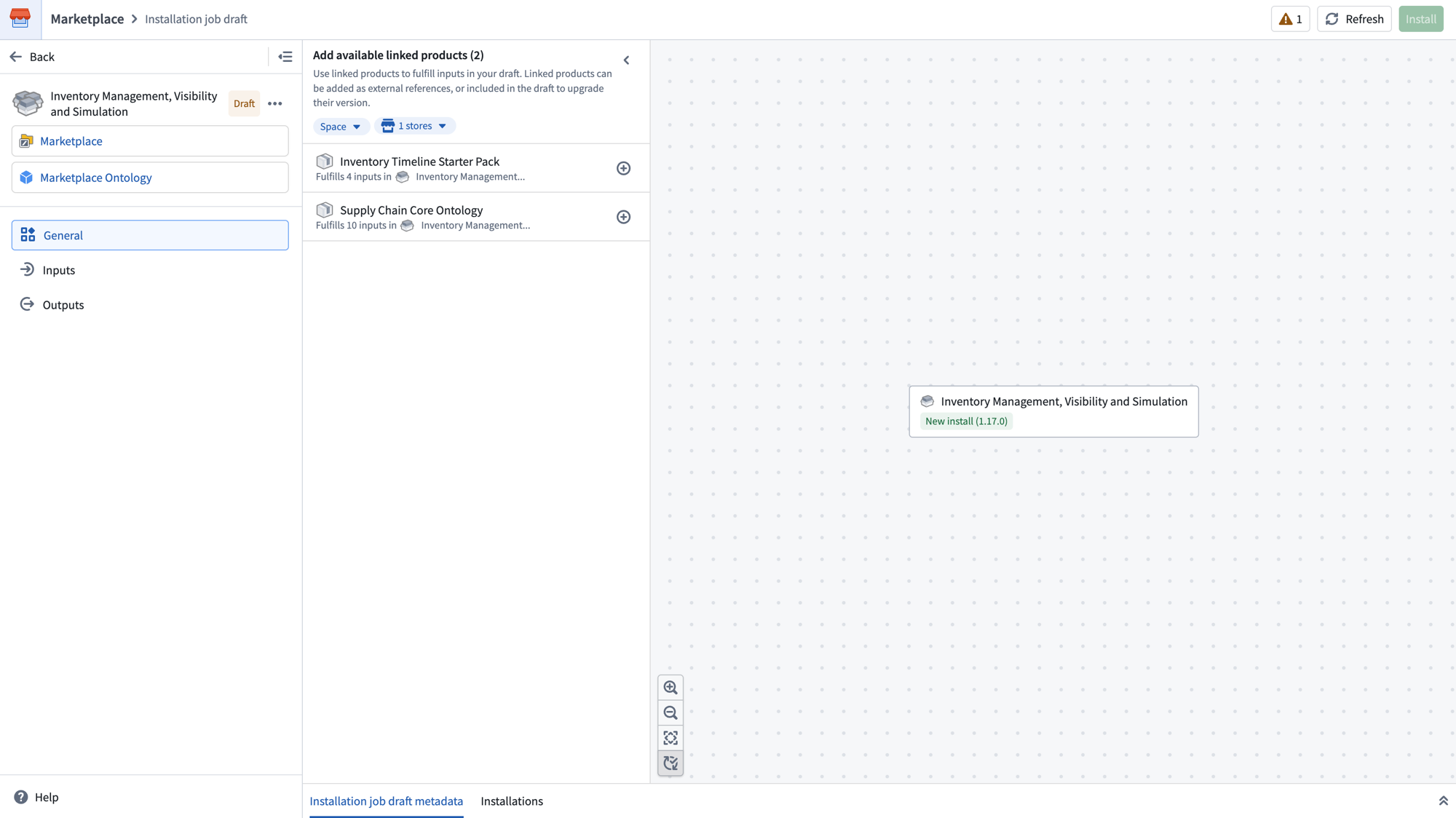 The General page of the installation job draft showing the dependency graph and available linked products.