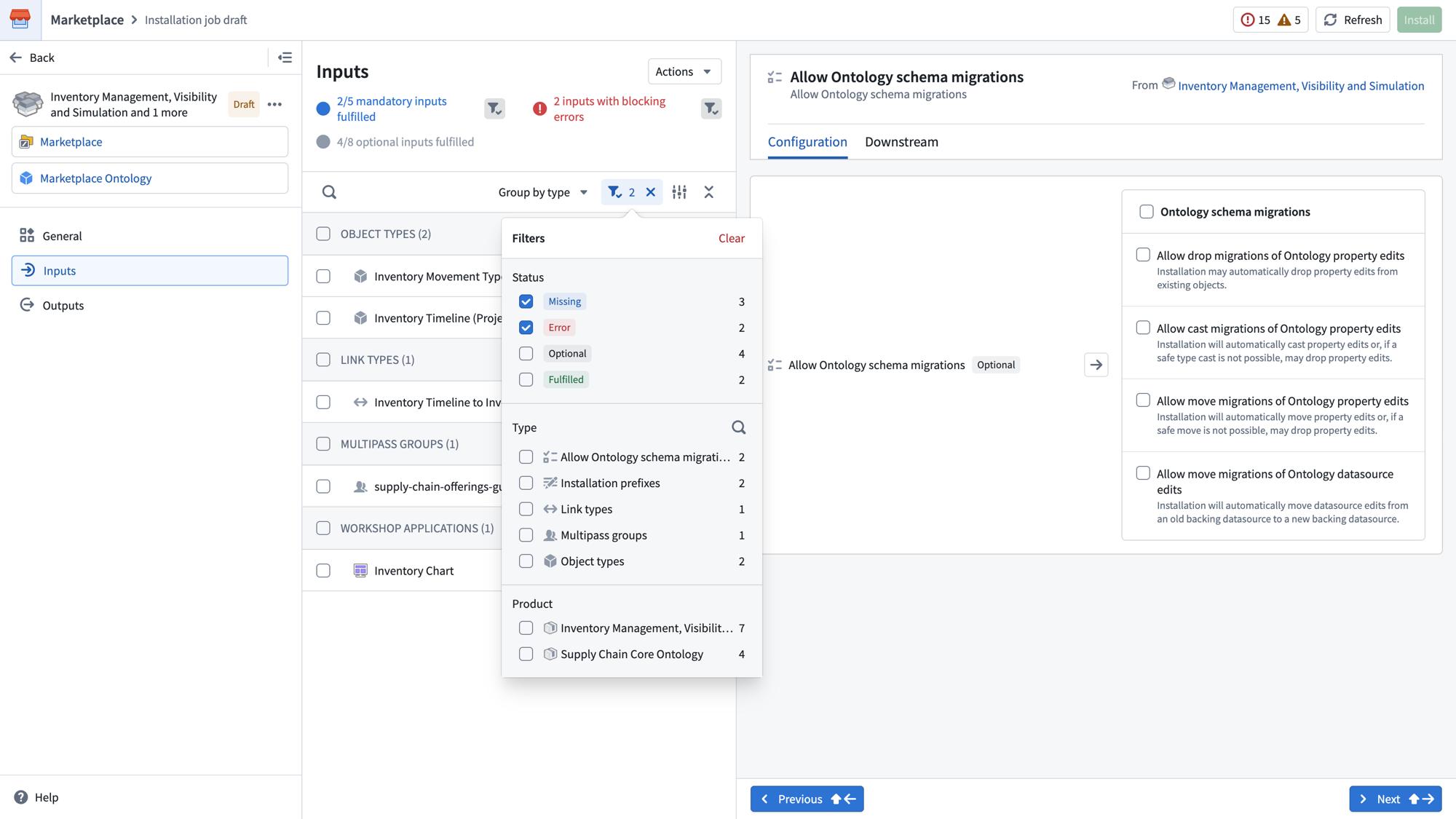 The Inputs page showing the Filters panel with options to filter by status, type, and product.