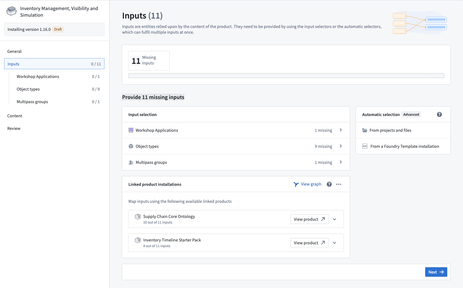 The Inputs overview page for installations.