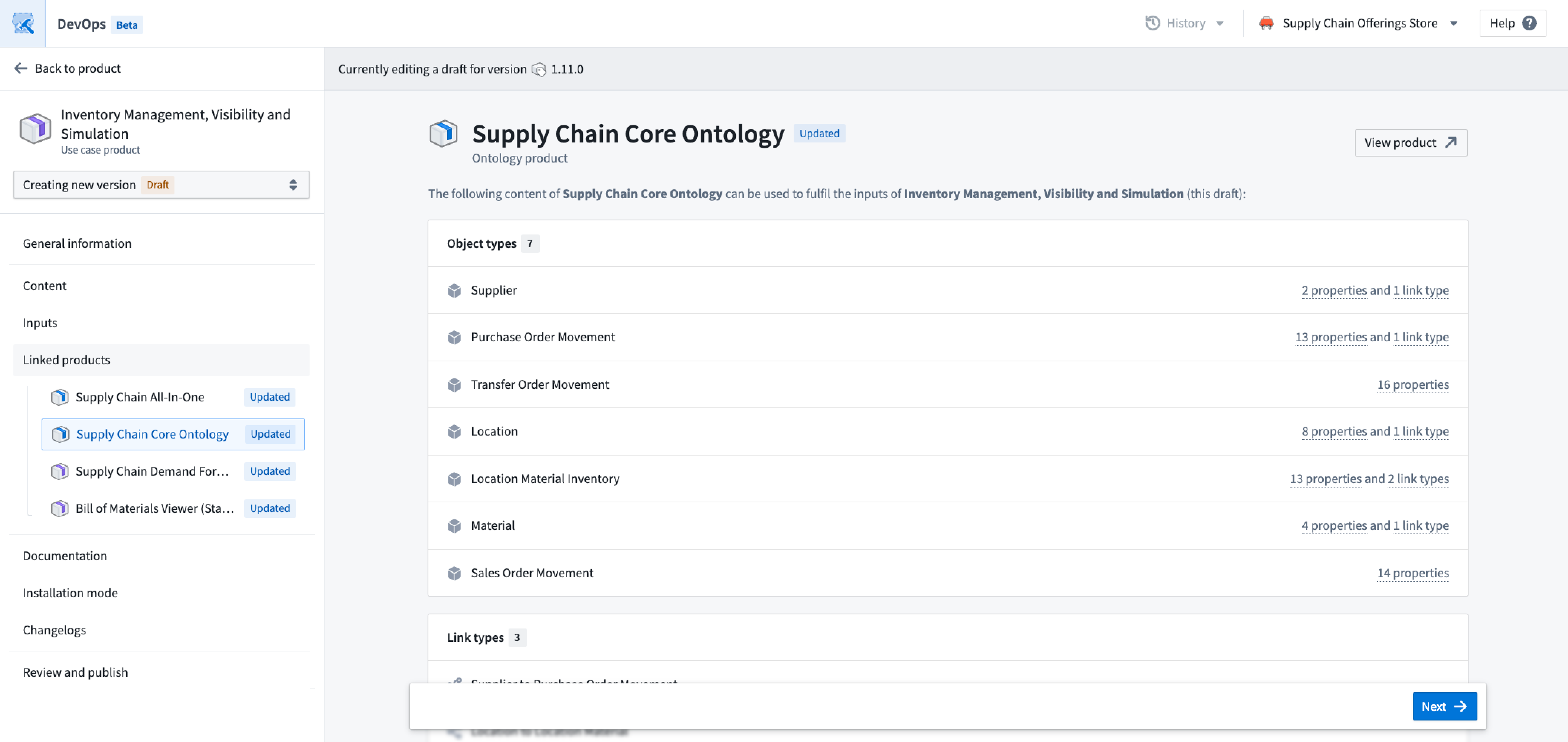 A detail view of a linked product in DevOps.