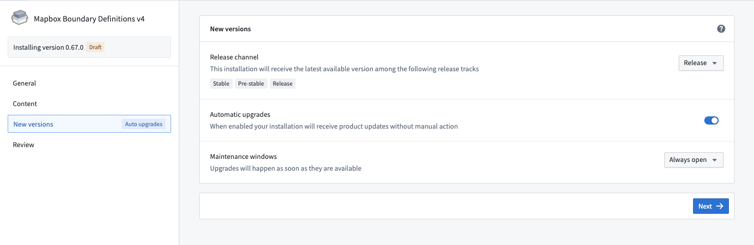 Customize options for automatic upgrades of new product version.