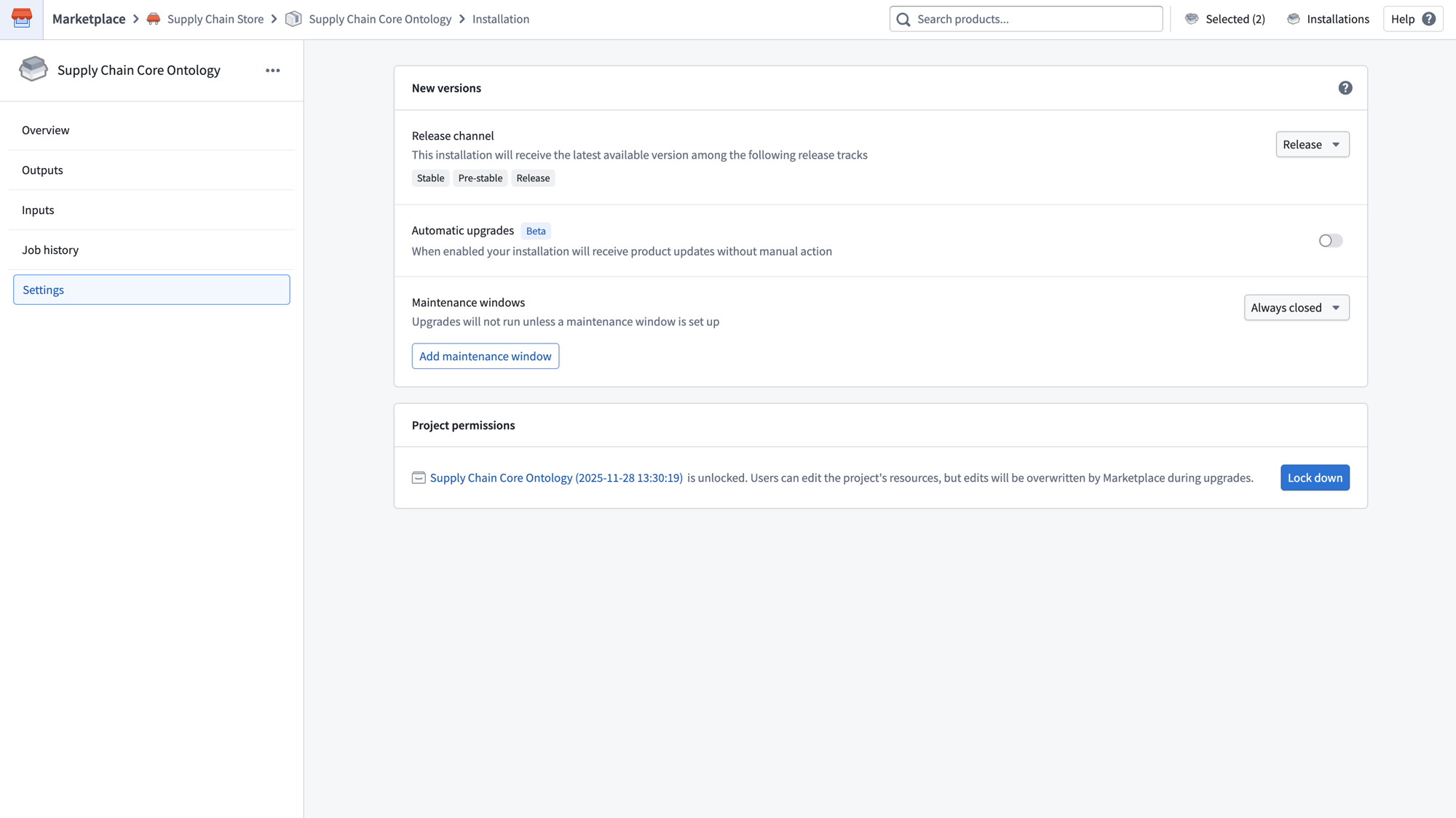 The Settings page of an installation showing the Project permissions section with the Lock down button.