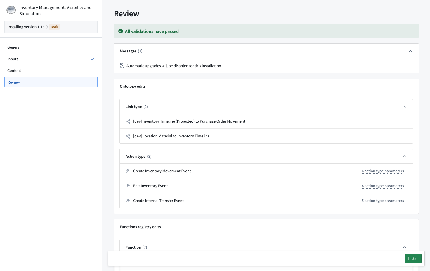 The Review page of a product installation, showing passing validations for all datasets.