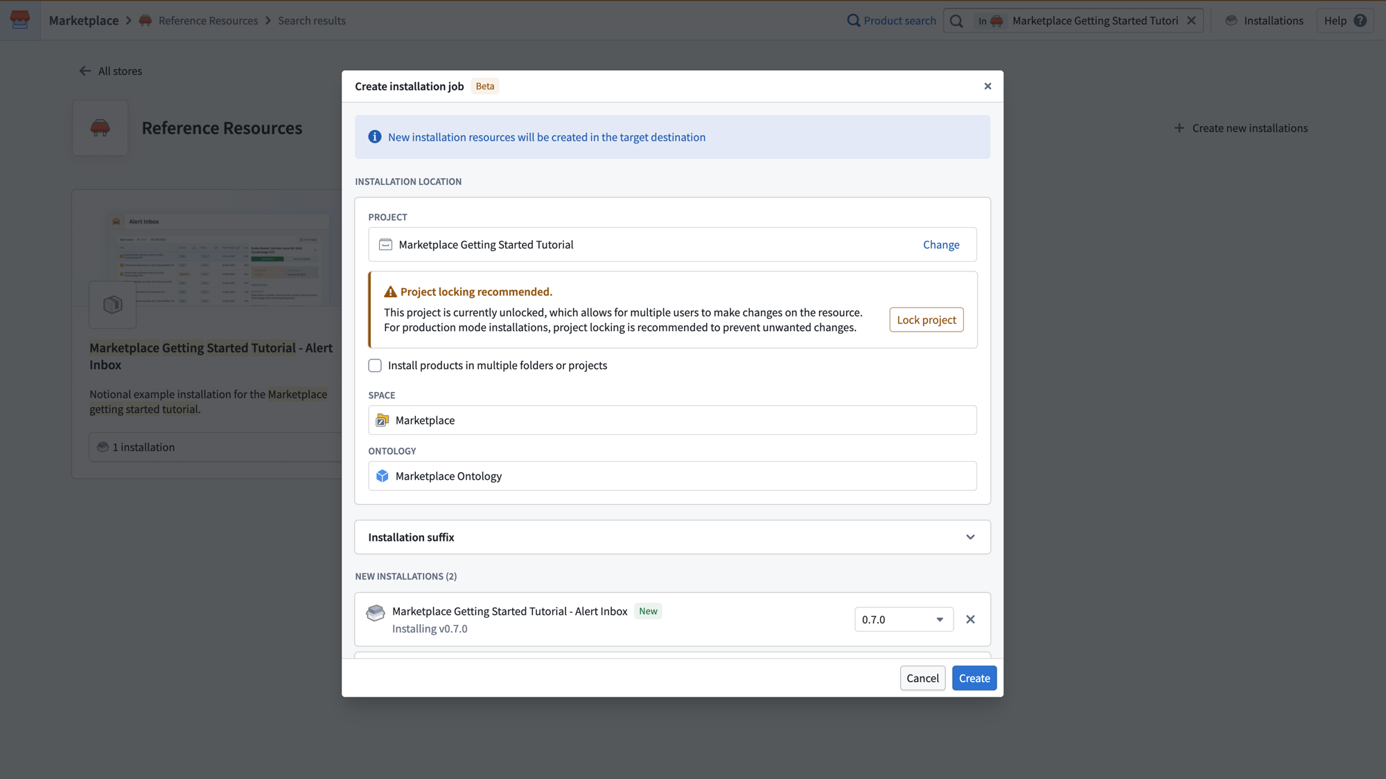 The Create installation job dialog showing project, space, and ontology configuration.