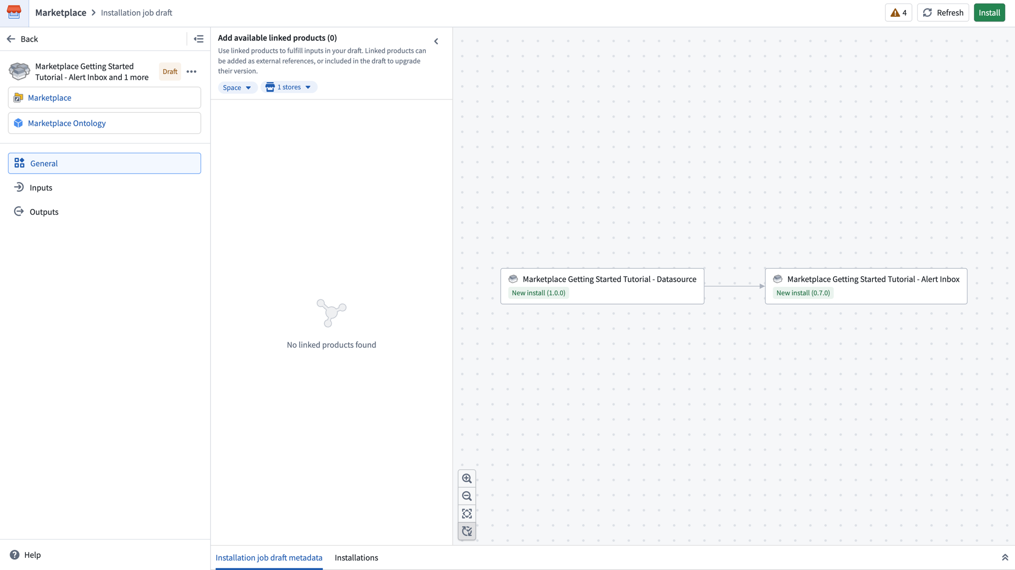 The General page of the installation job draft showing the dependency graph between the two tutorial products.