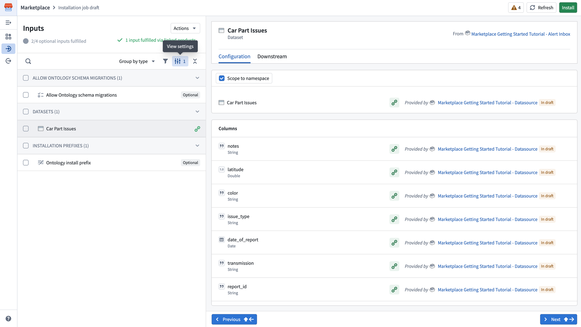 The Inputs page showing the Car Part Issues dataset fulfilled by the linked Datasource product.