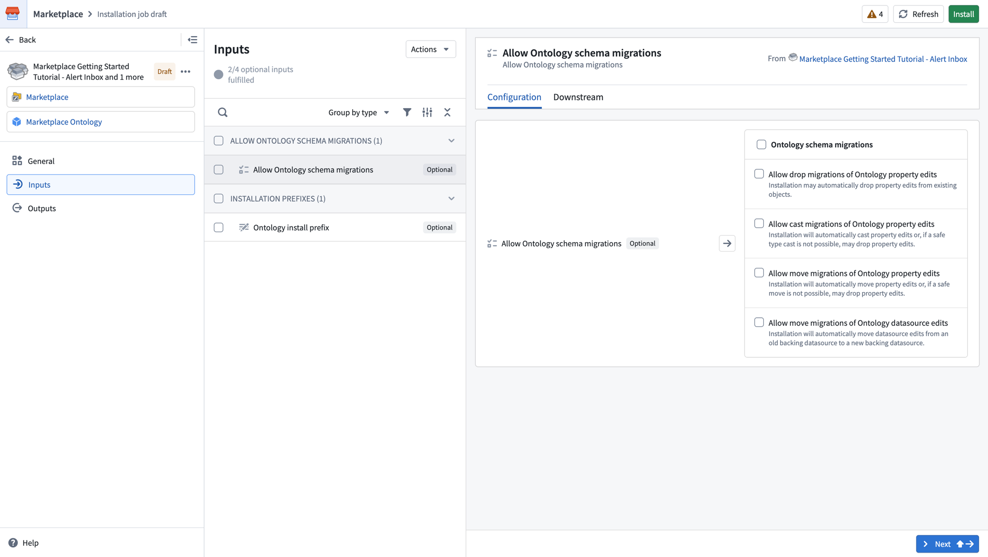 The Inputs page showing optional inputs with fulfilled inputs hidden.