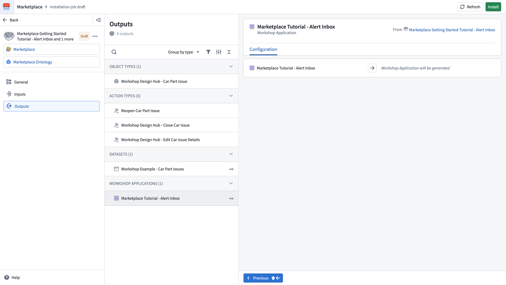 The Outputs page showing all resources that will be installed, grouped by type.