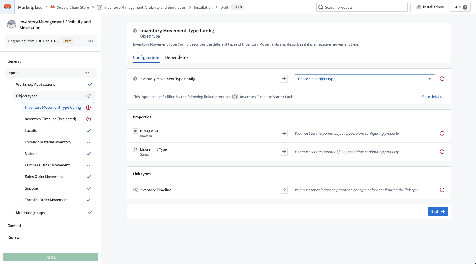 Screenshot showing required configuration for an upgrade, such as new inputs to map