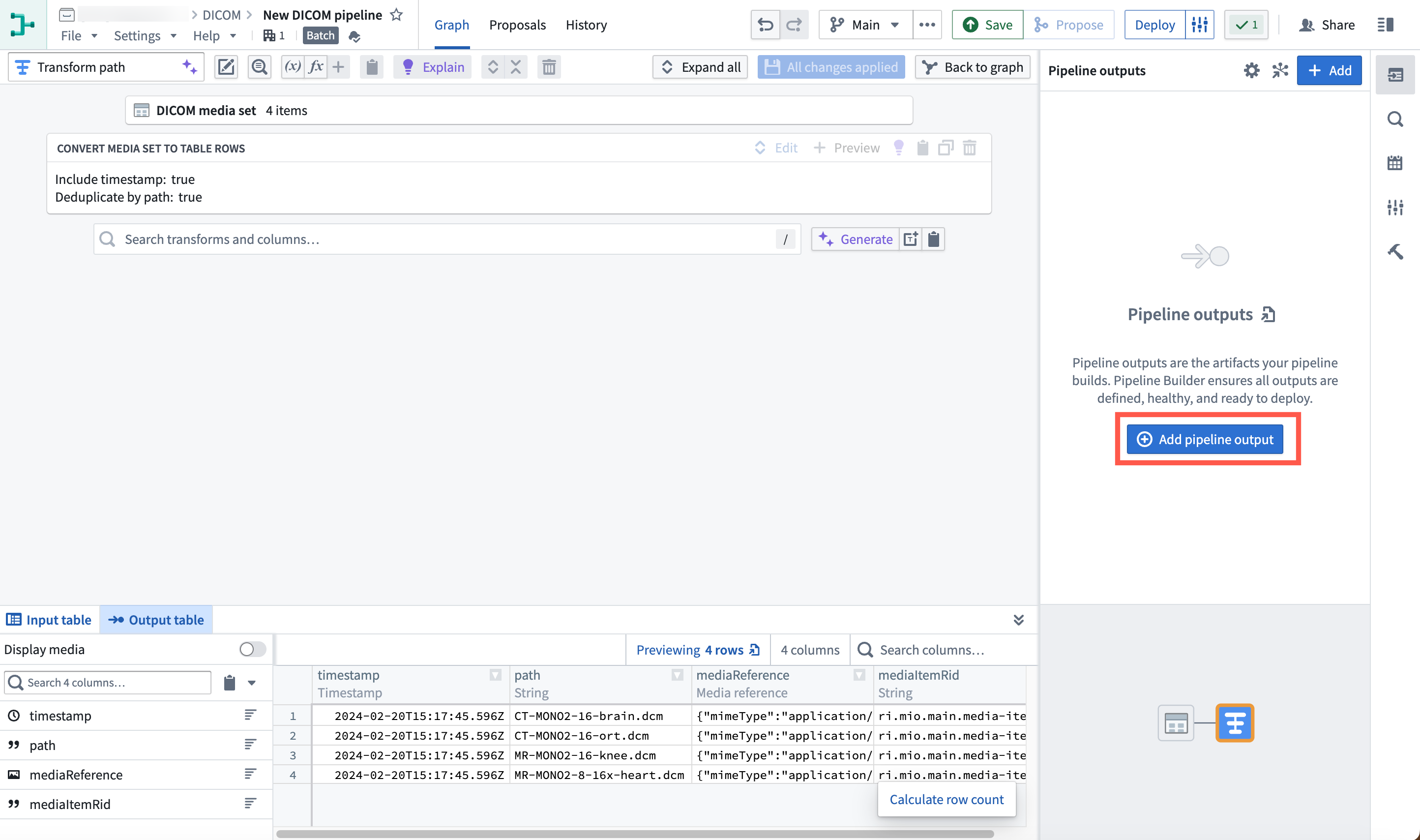 The Add pipeline output option is highlighted.