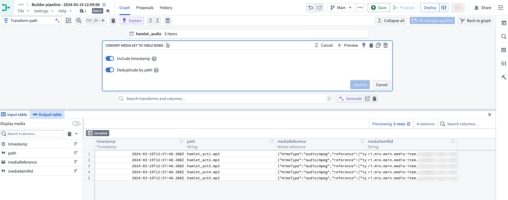 Convert audio media set to table rows.