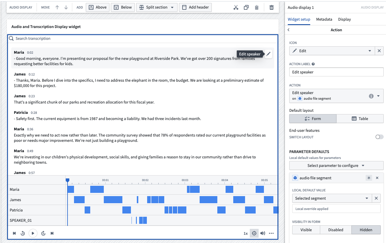 Configure an action in the transcription widget.