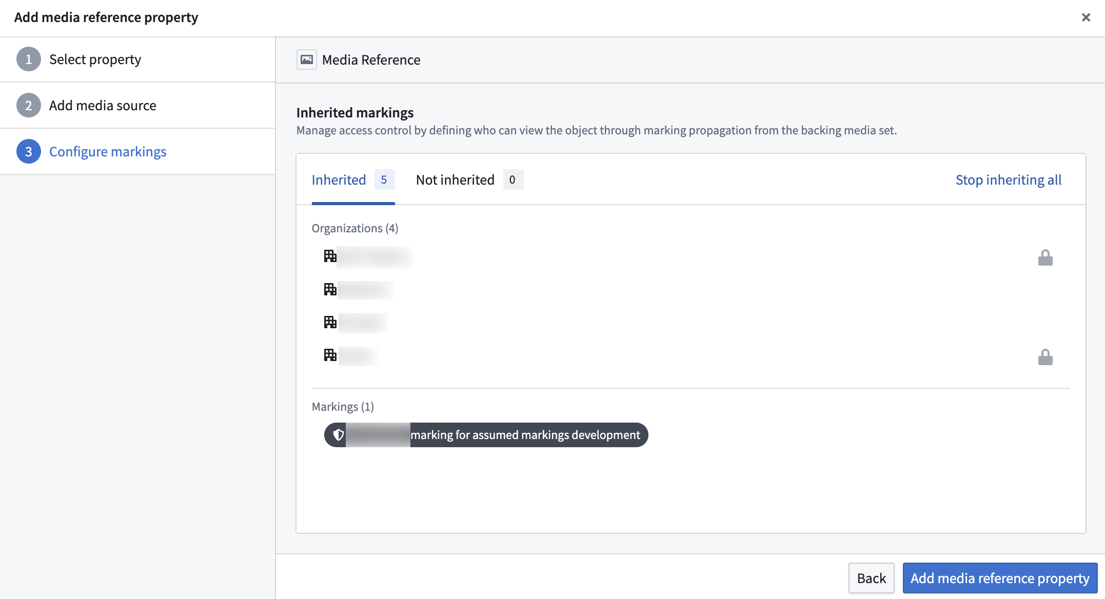 The inherited markings configuration interface showing which markings to stop inheriting from the media set.