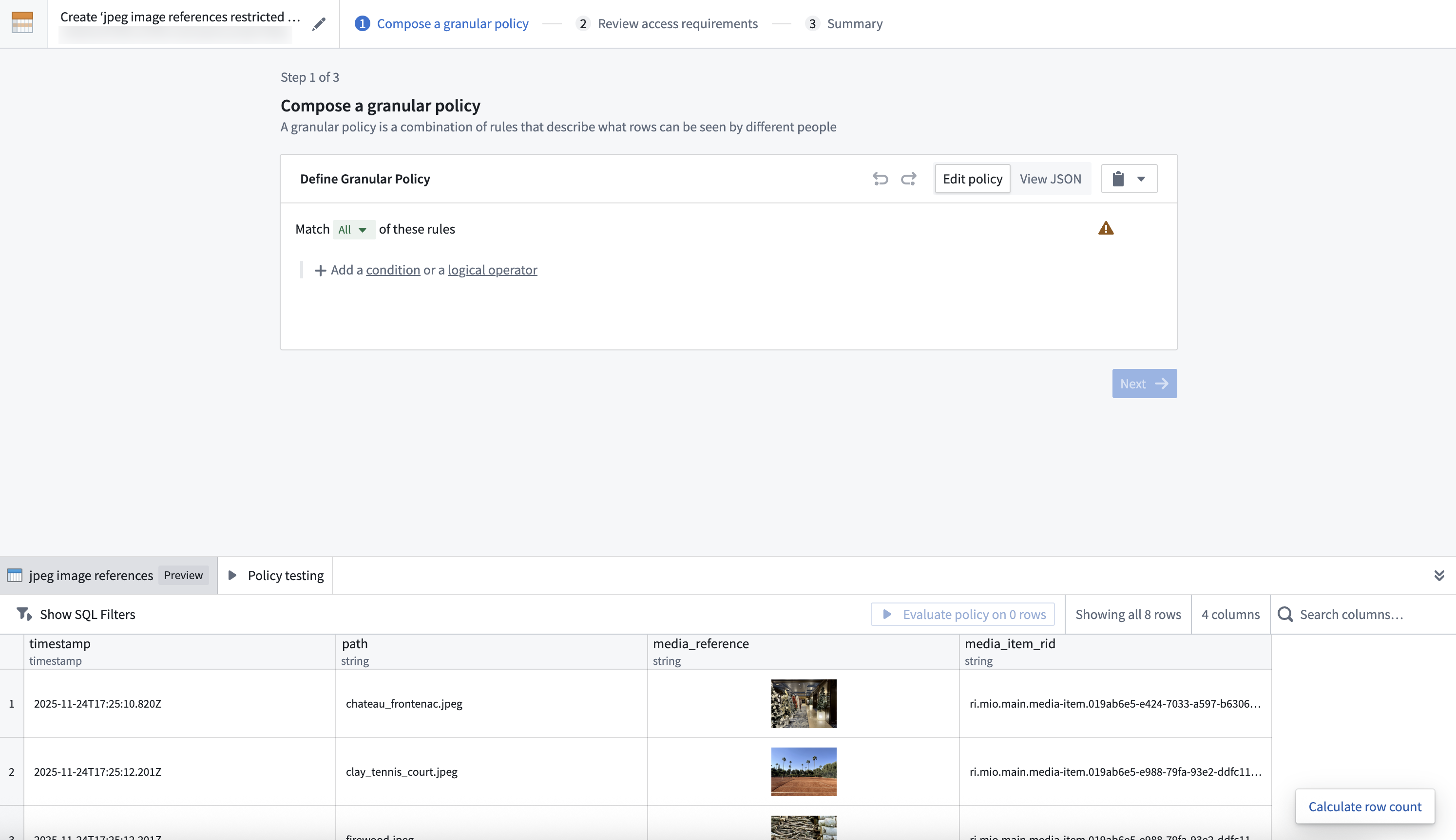 The restricted view creation interface showing granular policy configuration options.