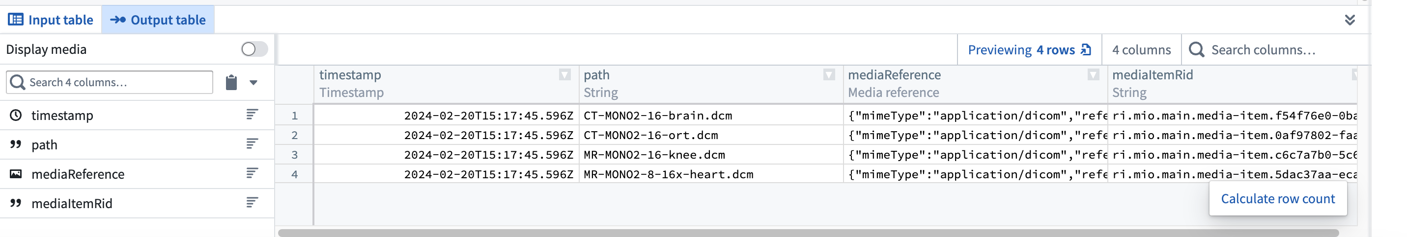 Table with four rows that correspond to four DICOM files in the media set.