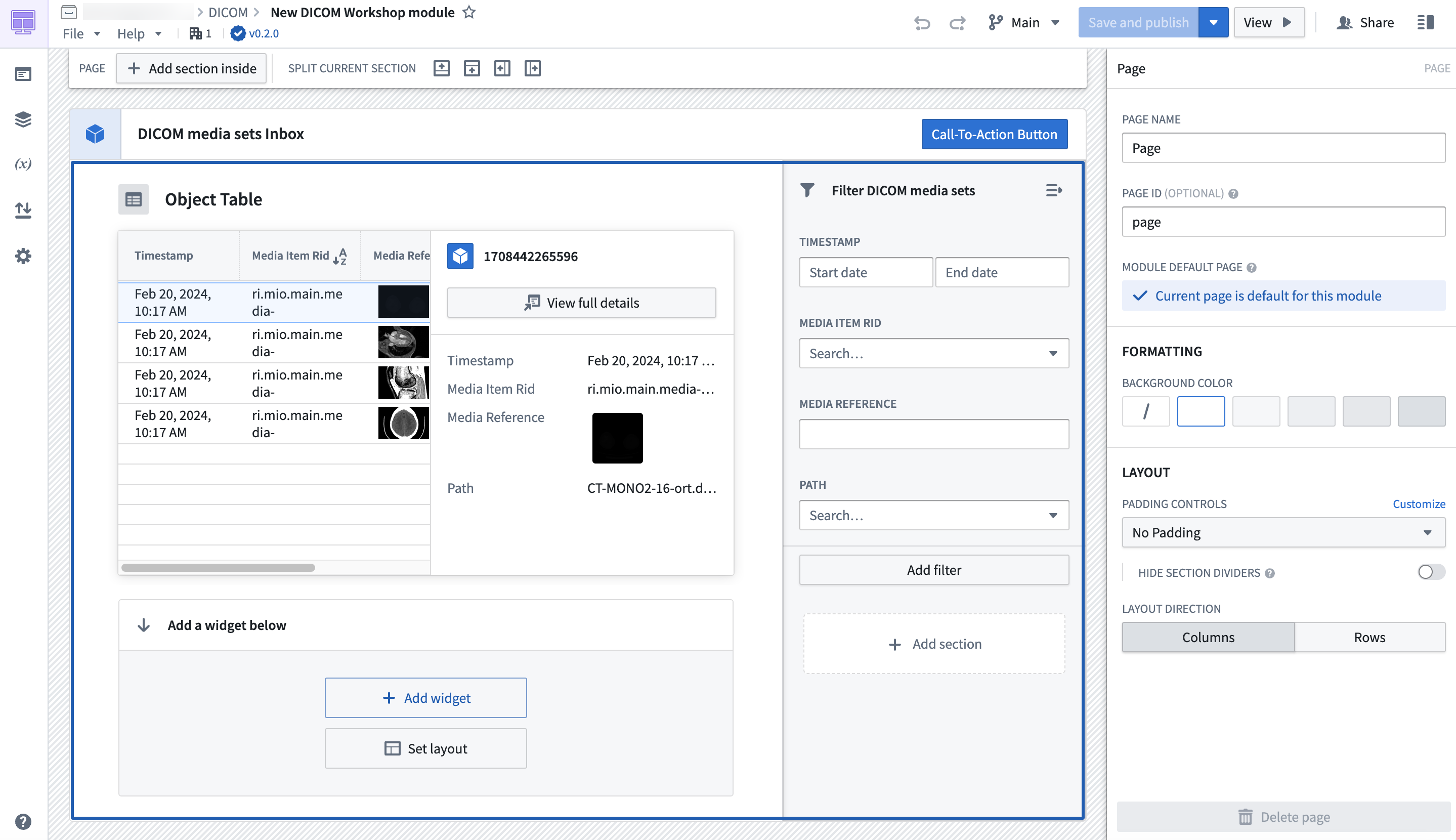 Workshop module with an object table for DICOM files.