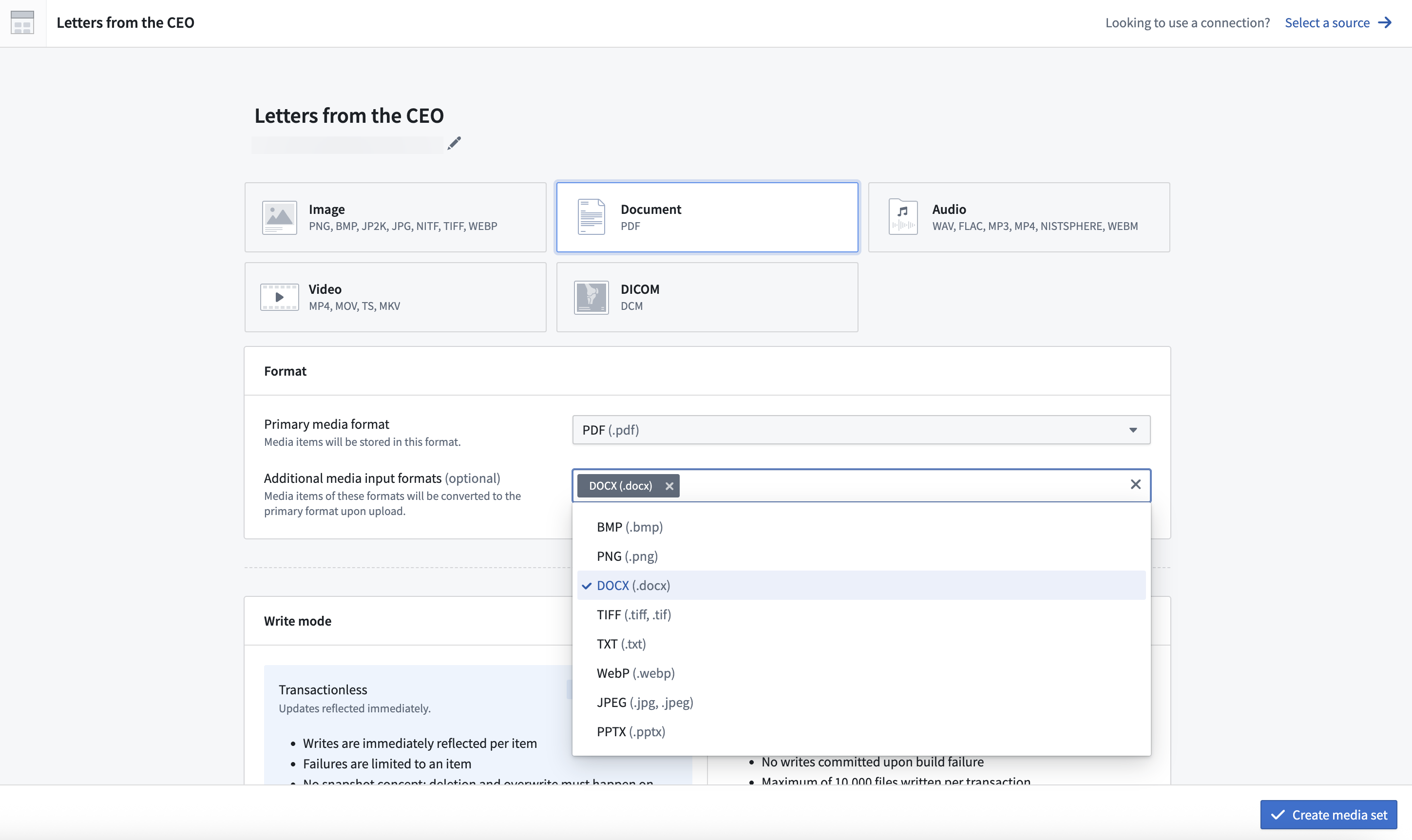 Configure additional input formats during creation