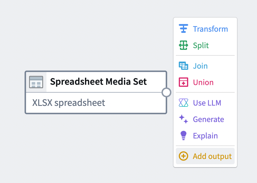 The Add output option for a spreadsheet media set node.