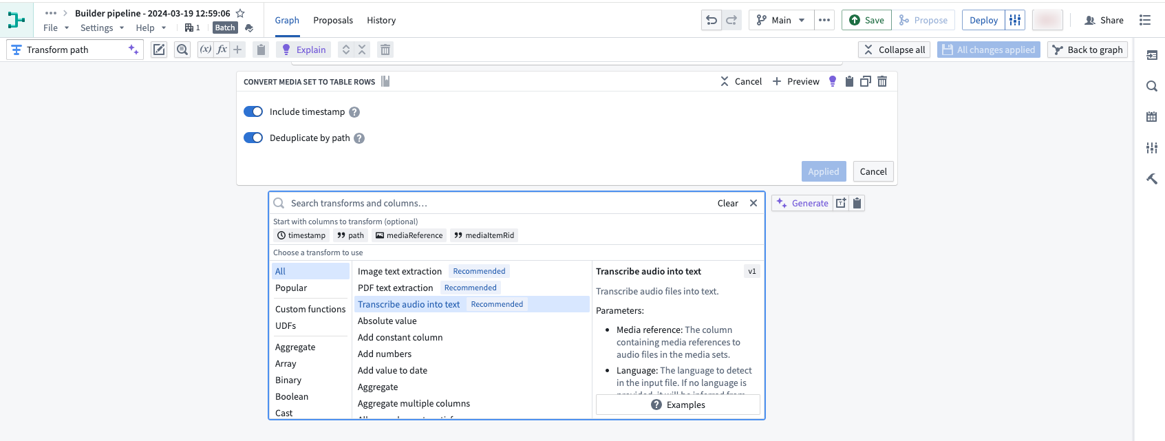 Transcribe audio into text transform.