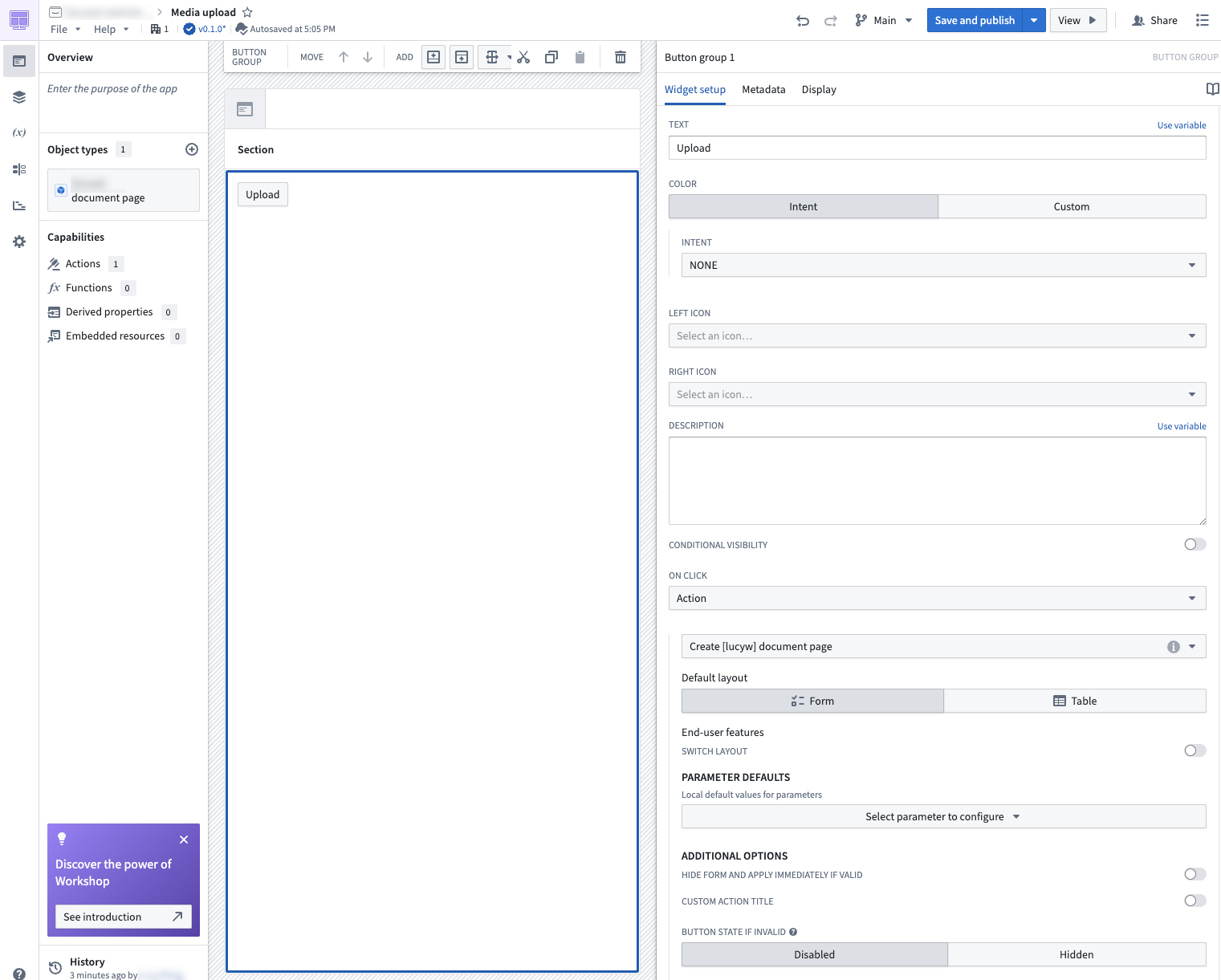 Configure action type in the Button group widget