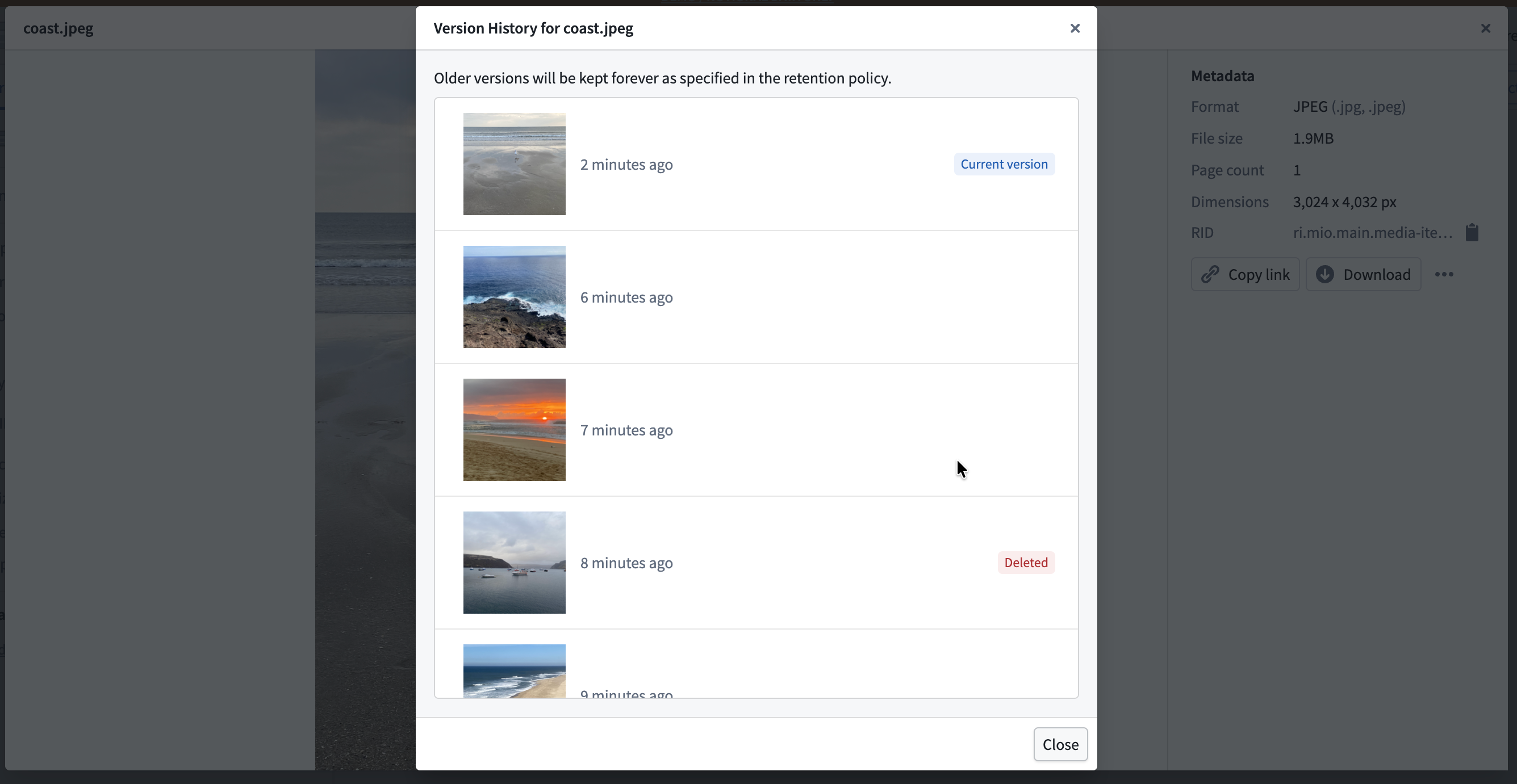 The Version History panel showing multiple uploads at the same media item path.