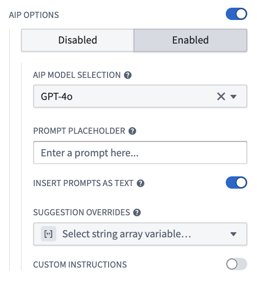"AIP options" in the free-form analysis widget configuration panel.