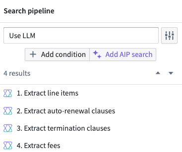 Search results in Pipeline Builder.