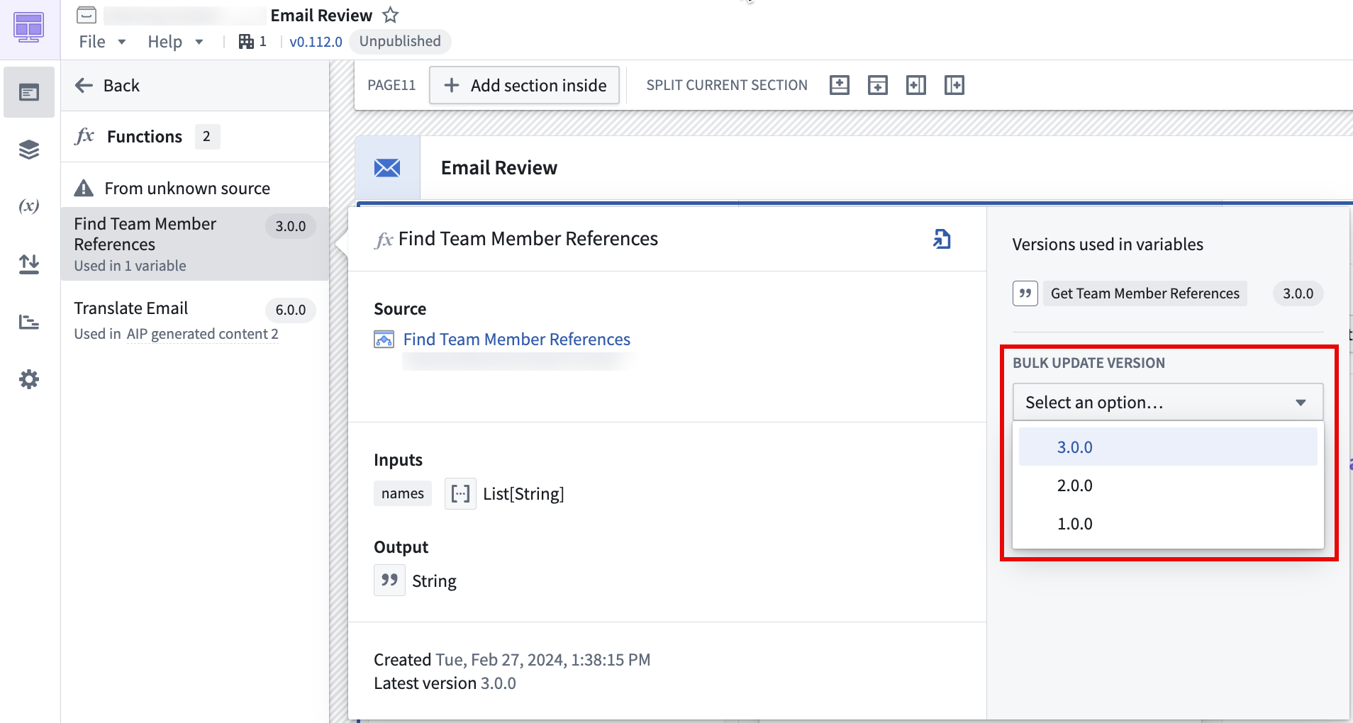 The "Bulk update version" dropdown in the "Functions" section.