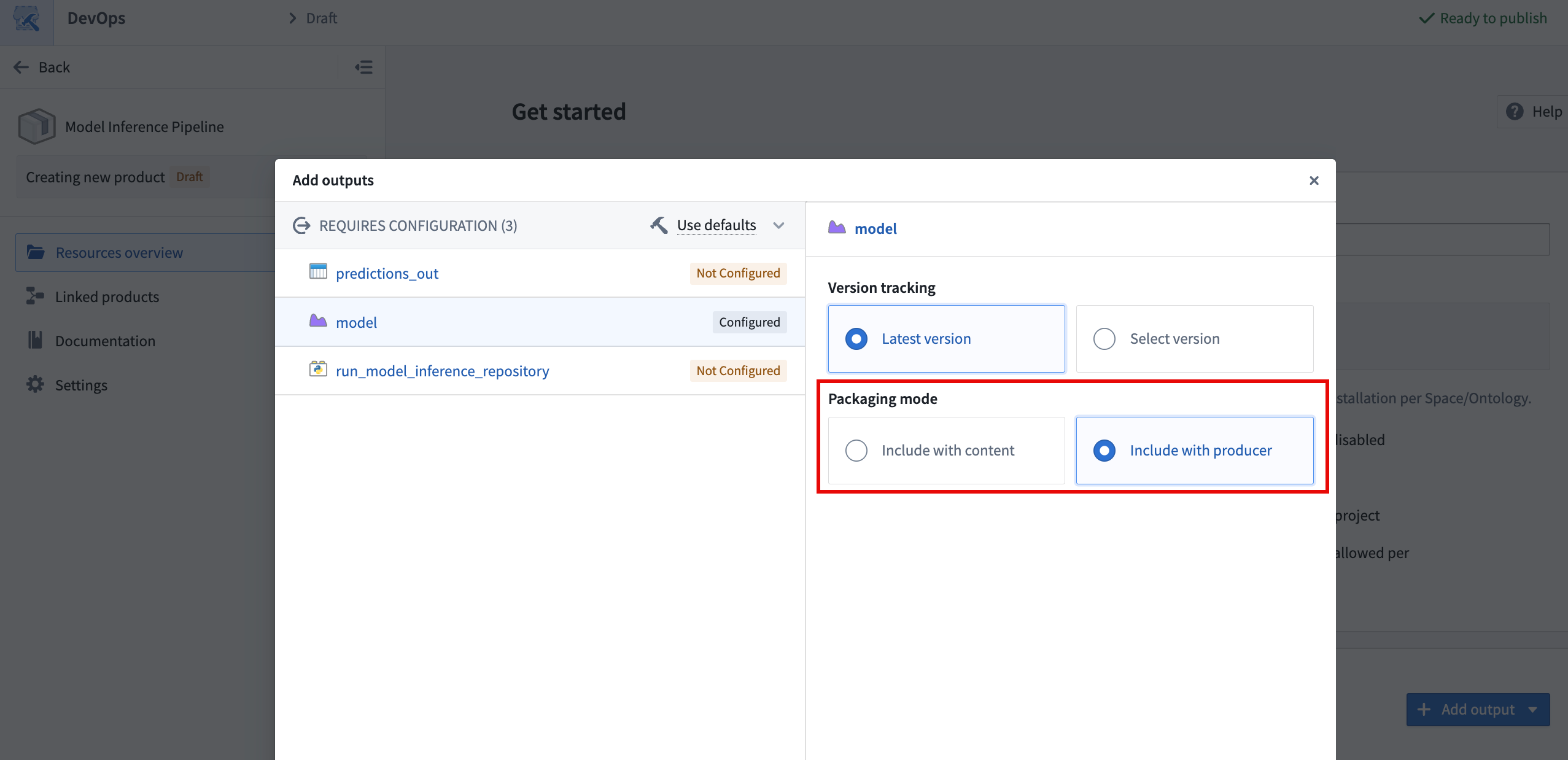 Packaging mode options when packaging a model in DevOps.